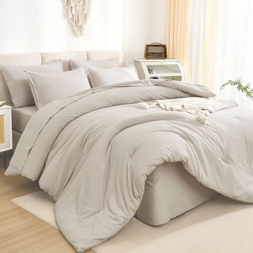 Litanika California King Comforter Set Linen Grey - 7 Pieces Bed in a Bag Cal King Bedding Comforter Sets, Plain Lightweight Bed Set with Comforter, Sheets, Pillowcases & Shams