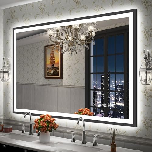 S'bagno Bluetooth-Badezimmer-Spiegel-mit-Beleuchtung 1000x700mm, Badspiegel mit Beleuchtung mit Schwarzem Aluminiumrahmen, IP44 Led Badspiegel mit Beschlagfrei/ 3 Lichtfarben/Dimming/Memory