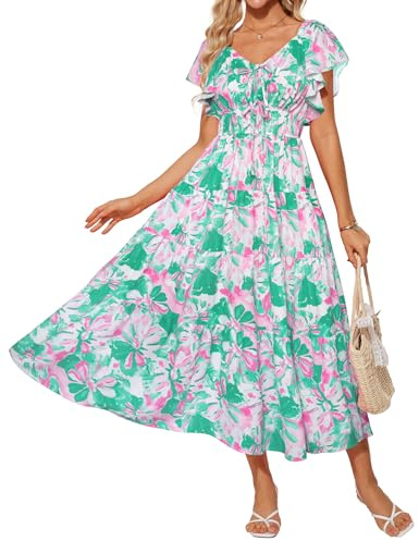 GRACE KARIN Vestido de verano para mujer, floral, cuello en V, manga con volantes, cintura imperio, acampanado, casual, con bolsillos