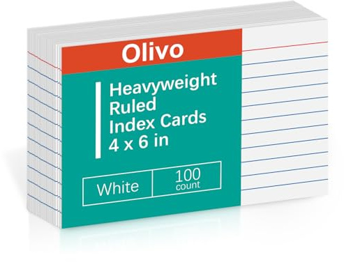Index Cards 4x6 Lined Ruled Flash Note Cards 4 x 6, White, 100 Count, 220 GSM Heavy Weight