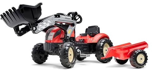 FALK Kiddy Farm – Tractoexcavadora de Pedales – Rojo – Pala Frontal y Remolque – Fabricado en Francia – 2158 ml – 2 años –