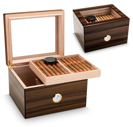 CLZOONG Cigar Humidor Spanish Cedar 2 floors,Elegant Cigars Humidor Case with Humidifier and Hygrometer, Desk Humidor with Tempered Glass Top, holds 50-70 Cigars(L)