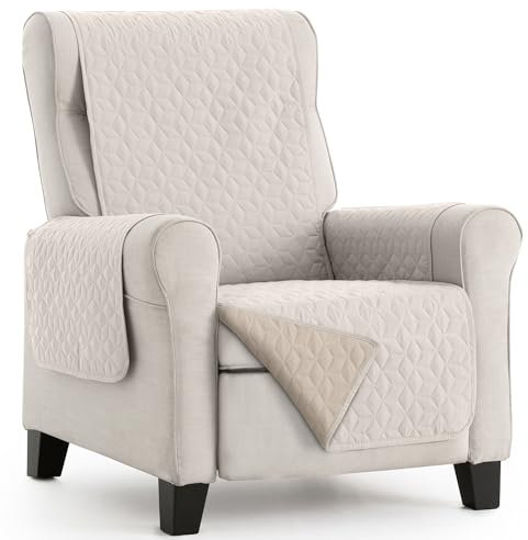 HIPERMANTA Funda para Sillon Relax 1 Plaza. Bicolor Reversible Acolchada. Protector de Sillon Orejero. Funda Sillon. Protector Mascotas. Paris. Color Marfil-Beige. Sillon 1 Plaza 55 cm