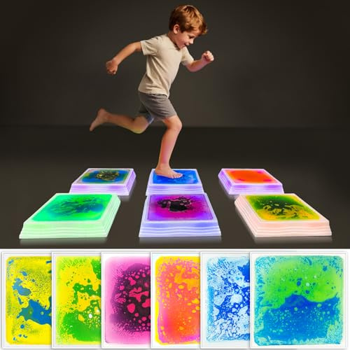 JUEOQOY Liquid Light-Up Stepping Stones for Kids Ages 3+ – Touch-Activated 7-Color LED Sensory Balance Stones for Obstacle Course, Sensory Path and Calm Corner Play (6-Pack)