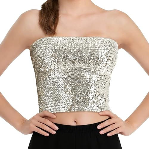 De Mujer Sparkly Sequin Mermaid Crop Tops, Strapless Metallic Tube Tops for Party Clubwear