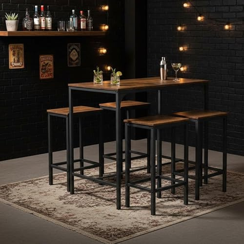 HOMYLIN Ensemble Table et chaises de Bar Vintage (100 x 60 x 90 cm) et 4 chaises (40 x 30 x 65 cm) pour Salon, Salle à Manger, Bar à Domicile, Marron