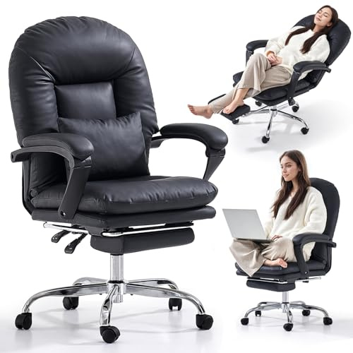 EMIAH Sedia da Ufficio Ergonomica con Poggiapiedi, Poltrona Reclinabile da Scrivania in Pelle Vera, Sedie Moderne per Vanità con Ruote, Comoda Sedia da Computer con Schienale Medio per Casa, Nero