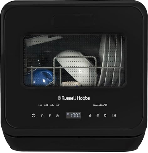 Russell Hobbs Mini Dishwasher Compact Table Top in Black 2 Place Setting Dishwasher, LED Touch Control, 4 Programmes, Portable & Efficient, Baby Care, Fruit Wash & Eco Mode, No Plumbing, RH2TTDW0D1B