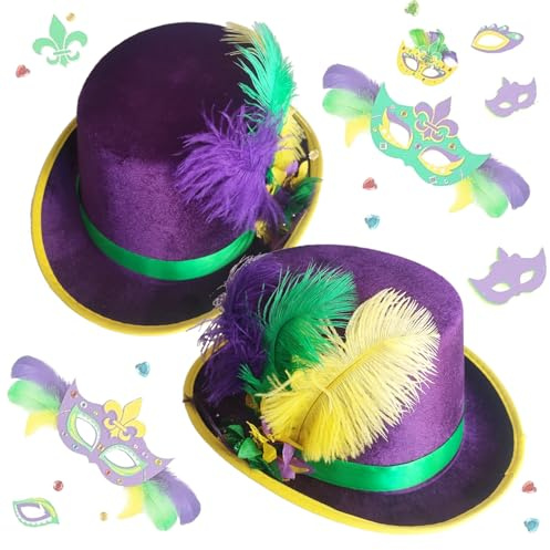 YaYuanSun 2 cappelli a cilindro per martedì grasso con piume, accessori viola, per uomini e donne, per martedì grasso, compleanno, festa in maschera, New Orleans, costume per feste di carnevale