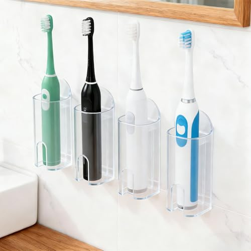 Set di 4 Portaspazzolino Elettrico Trasparente, Portaspazzolino da Parete Autoadesivo, Supporto per Spazzolino Elettrico, Portaspazzolino Autoadesivo per Parete da Appendere per Bagno Cucina