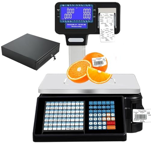 Balance numérique avec impression d'étiquettes de prix, caisse enregistreuse électronique avec code-barres et imprimante de reçus, écran LCD double face, balance Machine+Cashbox