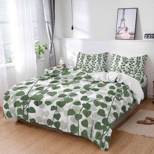 LEQIOLENNG 6 Piece Duvet Cover Set Queen, Spring Plants Ivy Soft Breathable Bedding Set with Pillow Shams Flat Sheet, Green Heartleaf Philodendron Bed Comforter Cover Sets