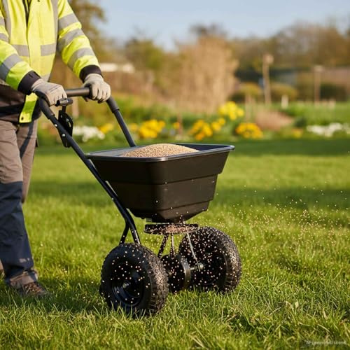 Mangloder - Carro esparcidor negro de PVC y acero, 53 x 81,5 x 78 cm, modelo corredizo con ruedas neumáticas, limitador de valor de dispersión para el cuidado del césped, servicio de invierno, jardín