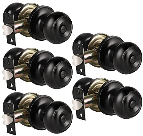 KNOBWELL 5 Pack Matte Black Door Knobs Privacy Door Knob for Bedroom or Bathroom, Interior Door Knobs, Black Door Knob with Lock, Locking Door Knob Door Handle Lock for Interior Doors
