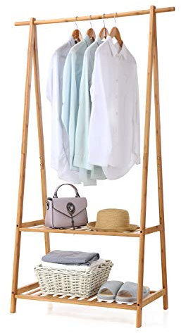 Finnhomy Bamboo Clothes Rack Portable Extra Large Garment Rack 2-Tire Storage Box Shelves for Entryway and Bed Room