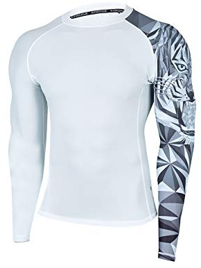 HUGE SPORTS Wildling Series Mens Rash Vest Sun Protection Quick Dry Tatami Rash Guard for Surfing BJJ Jiu Jitsu Beast Layer(White Tiger,2XL)