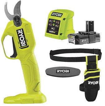 Sécateur à batterie Ryobi RY18SCA-120P avec batterie 18V 2AH, chargeur, fourreau et pierre pour affûtage