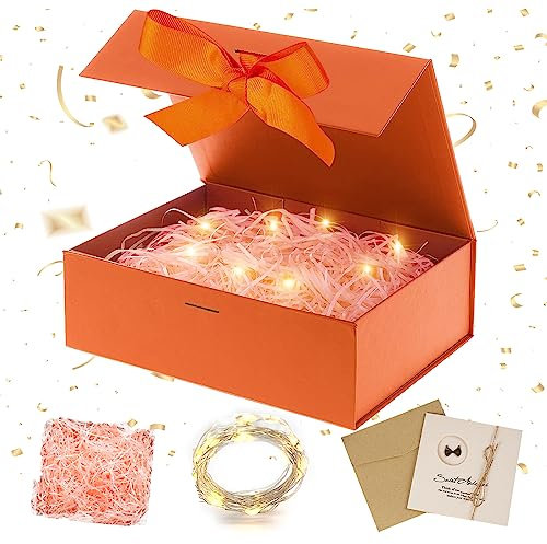Geschenkbox mit Deckel, Geschenkbox mit Schleifen, Faltbare Geschenkboxs, Geschenkkarton mit Magnetisch, Grußkarten, Raffia Hamper Shreds, LED-Lichterkette, für Hochzeit Geburtstag Weihnachten