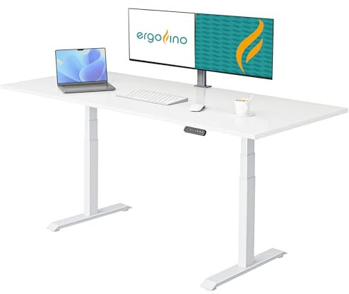 Ergofino Höhenverstellbarer Schreibtisch mit GS-Zertifiziert, 2 Motoren elektrisch Schreibtisch 200x100cm, ergonomischer Bürotisch mit 3 Memory-Funktion, Gestell Weiß inkl. Weiß Tischplatte
