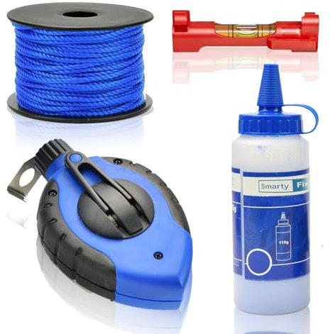 SmartyFix® Chalk Line Set – 30 m Schlaglinie + 50 m Maurerschnur (1,7 mm) + Kreide & Wasserwaage | Profi-Richtschnur für Fliesen, Mauerwerk, Holz & Garten | inkl. Tasche