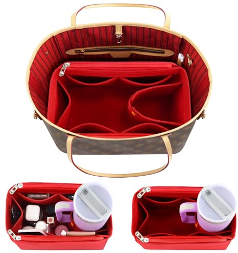 Tote Bag Purse Organizer Insert Pouches Fit for Neverful MM, Red Handbag Organizer with Water Bottle Holder Compatible with Stanley Cup, Purse Essentials Compartment Inserts Gifts for Women Large
