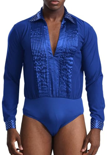 Runhomal Herren Tanz-Body Bodysuit Gymnastikbody Ballsaal Samba Latein Body mit Tief V-Ausschnitt Langarm Performance Tanzkostüm Königsblau A XXL
