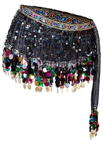 OhMill Foulard sexy pour femme - Pour danse du ventre - Paillettes - Avec pièces de monnaie - Paillettes - Costume de danse du ventre - Pour latin - Zumba - Chaîne de taille professionnelle - Robe