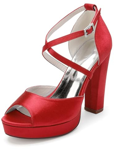 Scarpe da Sposa con Cinturino alla Caviglia Incrociato da Donna per La Sposa Peep Toe Sandali Estivi in Raso Tacco Alto Grosso Scarpe da Vestito con Plateau,Rosso,39 EU