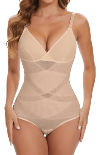 SHAPERIN Women Tummy Control Bodysuit Shapewear Waist Trainer Body Shaper | V Neck Slimming Leotard Sculpting Body Suit Breathable Mesh Shaping Body Stuis Butt Lifter Summer Tank Top