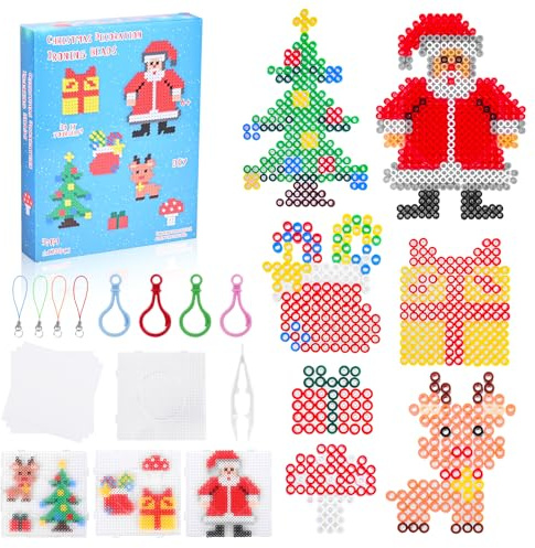Lot de Perles à Repasser, Noel Loisirs Créatifs Kit avec 1200 Pièces 5mm Perles Repasser, 9 Couleurs Perle a Repasser Avec Panneau Perforé, Pour Cadeau Noël Anniversaire pour Garçon Filles