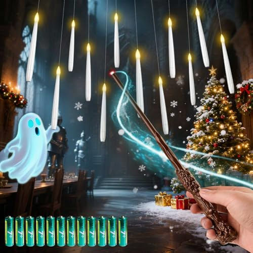 MOZC Bougie Flottante avec Baguette magique, 12pcs Cierges Magiques avec 13 AAA Batteries, LED Bougies avec fonction de minuterie 6H, Clignotant bougie fête d'anniversaire Cadeau Noël Décoration