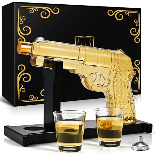 Gifts for Men Dad, Casuenia 10 Oz Whiskey Gun Decanter Set with 2 Glasses, Unique Gift for fathers day, Husband, Boyfriend, Brother, Cool Anniversary Christmas Gift, Dispenser for Bar Drinking Party