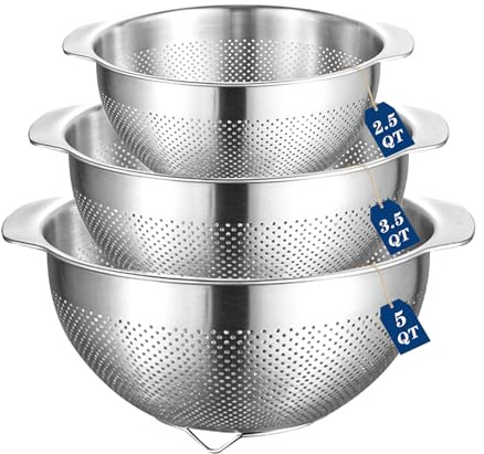 Colander Strainer,Stainless Steel Colander for Kitchen,3 Pcs Colanders and Strainers(23+25+27cm), Colander Sieve with Handle &Food Strainer for Washing Pasta, Veg, Fruit & Rice,Dishwasher Safe