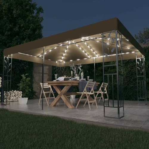 Mokuyary paviljong med dubbelt tak och LED-ljuskedja 3 x 4 m brungrå, lusthus, trädgårdstält, festtält, trädgårdspaviljong för trädgård, fest, festival, bröllop