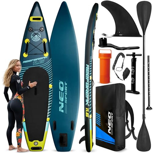 Neo-Sport Stand Up Paddling Board Reefbreak 11.6 – Allround SUP Board Set per escursioni e tempo libero – 350 x 81 x 15 cm – fino a 150 kg – con pagaia, pompa, leash e zaino