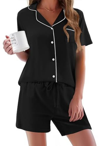 Ekouaer Pajamas Set for Women Short Sleeve Sleepwear Button Down Pjs Soft 2 Piece Lounge Sets Black XX-Large