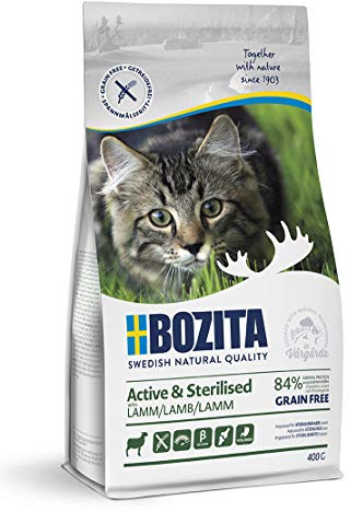 BOZITA Active & Steriliserat spannmålsfritt lamm – torrfoder för vuxna, huvudsakligen utomhuslevande katter, 0,4 kg
