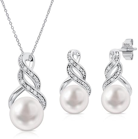 Real Diamond Sterling Silver Pearl Necklace and Earring Set | Hypoallergenic Real Cultured Freshwater Pearl Jewelry Set with 18 Inch Silver Chain | Diamond Bridal Bridesmaid Set for Women with Gift Box by MAX + STONE