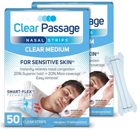 Clear Passage Nasal Strips Medium, 100 ct | Works Instantly to Improve Sleep, Reduce Snoring, & Relieve Nasal Congestion Due to Colds & Allergies