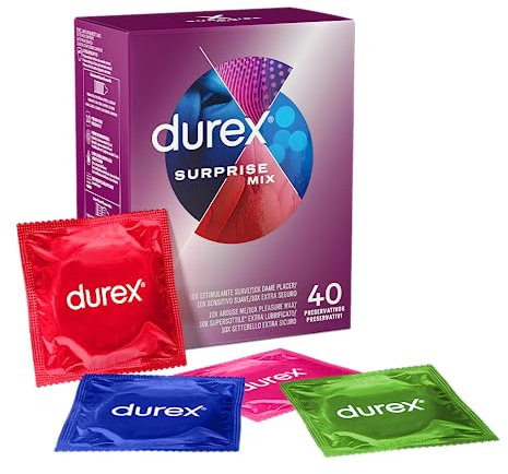 Durex Surprise Mix Preservativi Assortiti, Con Rilievi e Nervature e Sottili, 40 Profilattici