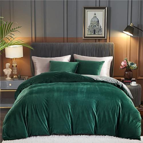 Freyamy Warme Bettwäsche 200 x 220cm Dunkelgrün Grau Flanell Flauschige Winterbettwäsche Coral Fleece Wendebettwäsche Samt Biber Cashmere Touch Bettbezug und 2 Kissenbezug 80x80cm mit Reißverschluss