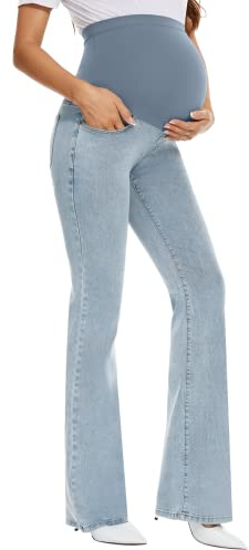 GLAMIX Women's Stretch Maternity Bootcut Jeans with Pockets Over The Belly Bell Bottoms Flare Demin Pants Pregnancy Clothes