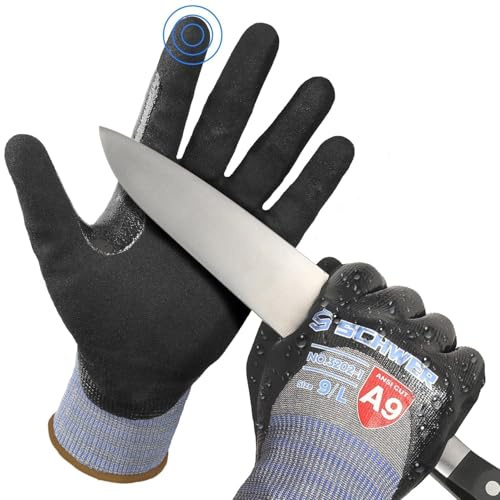 Schwer ANSI A9 Cut/Abrasion Resistant Gloves for Heavy Duty Work, 18 Gauge 3/4 Double Dipped Nitrile Coating for Construction, Gardening, Water & Oil Proof, Anti Slip, Touch Screen, PM3202, Black, L