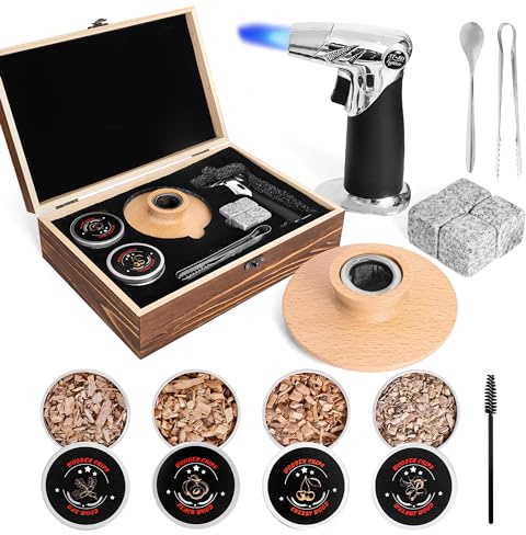 Bourbon Cocktail Smoker Kit with Torch NEEDSFUL | Smoke top in Wood Box| Infuser Smoking Kit Crate for Whiskey, Old Fashion Style, with Flame Torch (No Butane) Gift for Men, Husband, Father
