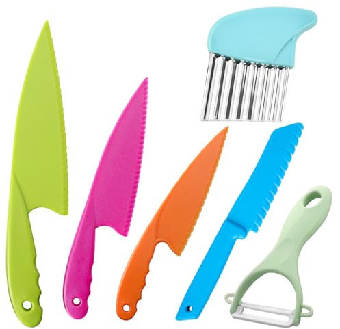 YWKJDDM Plastic Kitchen Knife Set, 5pcs Children's Cooking Knives, Kitchen Safety Knives with Crinkle Cutter and Y Peeler, Plastic Kid Kitchen Knife Set for Cooking