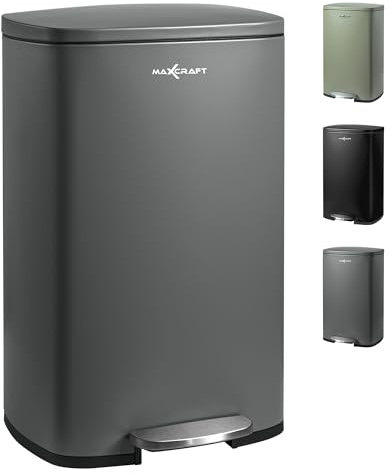 MAXCRAFT Mülleimer 50 Liter aus Stahl Treteimer Abfalleimer mit Inneneimer aus Kunststoff - Sanft Schließend mit Deckel, für Küche, Badezimmer oder Büro - in Grau