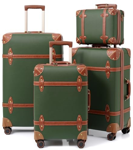 Urecity Set di valigie da viaggio vintage 4 pezzi, leggero, in pelle, rigido, trolley, bagaglio a mano, con lucchetto TSA e 8 ruote (S-M-L-XL), verde, Set di valigie