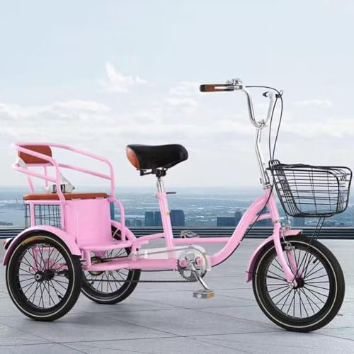 MegLob 16 Pollici Di Triciclo Per Adulti, Bicicletta in Tandem A 3 Ruote Con Cestini Per Lo Shopping, Bici Da Carico A Tre Ruote Per Anziani, Bici Da Incrociatore Per Picnic,Rosa
