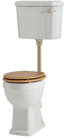 MILANO Low Level Cistern Toilet Brushed Brass Flush Kit Oak Effect Seat | Ceramic & Brass Construction. Engineered Wood Seat. Traditional Style. Low Level Cistern Design. Ceramic Flush Handle.