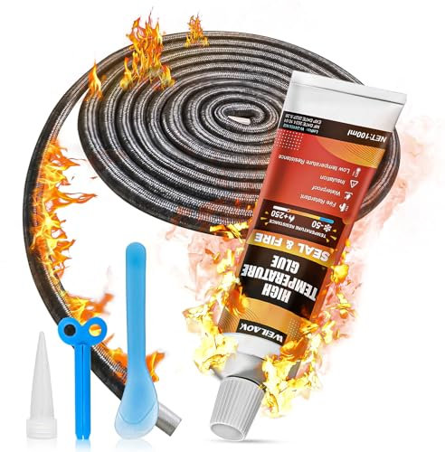 WEILAOK 100ML Colla Alte Temperature+2.5M Guarnizione Stufa a Legna, Silicone Alte Temperature, Guarnizione Alta Temperatura, Adatto per Forni, Caminetti, Porte di Camini, 8 mm